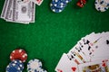 Poker Chips in casino gamble green table. Royalty Free Stock Photo