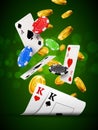 Poker chips casino green poster. Gamble cards and coins success winner royal casino background Royalty Free Stock Photo