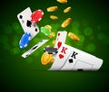 Poker chips casino green poster. Gamble cards and coins success winner royal casino background Royalty Free Stock Photo