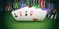 Poker chips and four aces on green felt 3d illustration Royalty Free Stock Photo