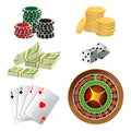 Poker chips, golden coins with dollar, money, aces playing cards Royalty Free Stock Photo
