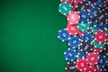 poker chips on green casino table, border background