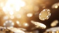 Poker chips made of gold and silver are falling against a blurred background with warm and diffused lighting, creating a Royalty Free Stock Photo