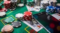 Poker chips, mobile phone and cards on green casino table background, Generative AI illustrations Royalty Free Stock Photo