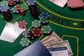 poker chips, money, passport on blackjack table, casino. Royalty Free Stock Photo