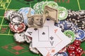 Poker chips, money,playing cards Royalty Free Stock Photo