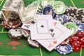 Poker chips, money,playing cards Royalty Free Stock Photo