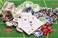 Poker chips, money,playing cards Royalty Free Stock Photo