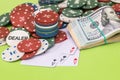 Poker chips and play card with dollar Royalty Free Stock Photo