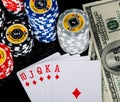 Poker chips Playing cards and dollars Royalty Free Stock Photo