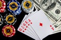 Poker chips Playing cards and dollars Royalty Free Stock Photo