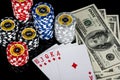 Poker chips Playing cards and dollars Royalty Free Stock Photo