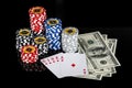 Poker chips Playing cards and dollars Royalty Free Stock Photo