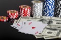 Poker chips Playing cards and dollars Royalty Free Stock Photo