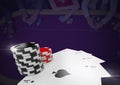 Poker chips and playing cards in front of dark casino table background