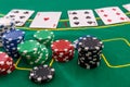 Poker chips with playing cards on table for blackjack. Casino and gambling