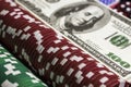 Poker chips with some dollars Royalty Free Stock Photo