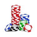 Poker chips stack. 3D realistic blackjack money token. Vegas or Macau casino piles. Roulette win circles. Gamblers