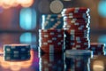 Stacks of poker chips reflecting on a casino table Royalty Free Stock Photo