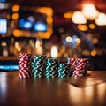 poker chips and television in the background of casino entertainment area, concept of gambling stock