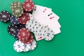 Poker cloth a deck of cards poker hand and chips. Background Royalty Free Stock Photo