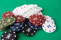 Poker cloth, a deck of cards, poker hand and chips. Background Royalty Free Stock Photo