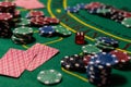 Poker cloth, a deck of cards, poker hand and chips. Background Royalty Free Stock Photo