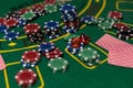 Poker cloth, a deck of cards, poker hand and chips. Background Royalty Free Stock Photo