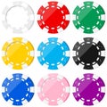 Poker colorful chip icons set isolated on white background - white, red, green, yellow, blue, black, pink, purple.