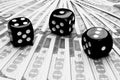 Poker dice rolls on a dollar bills, Money. Poker table at the casino. Poker game concept. Playing a game with dice. Casino dice