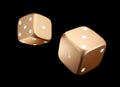 Pocer dice. View of golden white dice. Casino gold dice on black background. Online casino dice gambling concept isolated on black Royalty Free Stock Photo