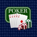 The poker emblem is paired with a combination of royal flush and casino chips. Can be used as logo, banner. Vector illustration in