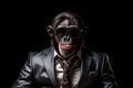 Poker Face Bonobo In Suit And Sunglasses On Black Background. Generative AI