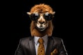 Poker Face Camel In Suit And Sunglasses On Black Background. Generative AI