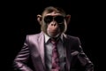 Poker Face Macaque In Suit And Sunglasses On Black Background. Generative AI