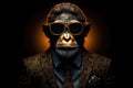 Poker Face Monkey In Suit And Sunglasses On Black Background