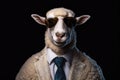 Poker Face Sheep In Suit And Sunglasses On Black Background. Generative AI