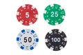 Poker gambling casino chips of different cost isolated on white background Royalty Free Stock Photo