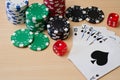 Poker gambling chips on wooden table Royalty Free Stock Photo