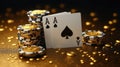 Poker game with ace pair and casino chips on gold surface Royalty Free Stock Photo