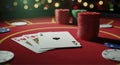 Poker Game with Chips and Cards on Red Table Royalty Free Stock Photo