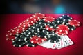 Poker game with five of kind combination. Chips and cards on the red table. Successful and maximum win