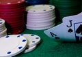 poker game table, ace and jack blackjack score with stack of playing chips