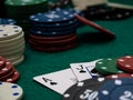 poker game table, ace and jack blackjack score with stack of playing chips