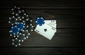 A poker game with a winning combination of three aces. Cards with chips on a vintage table in a poker club. Free space for