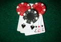 Poker game witht hree of kind combination. Chips and cards on the green table. Successful and maximum win