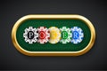 Poker green table background vector illustration. Realistic playing field with colored chips for game blackjack on black