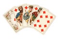 A poker hand of antique playing cards showing a royal flush of diamonds. Royalty Free Stock Photo