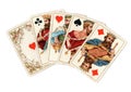 A poker hand of antique playing cards showing four kings.