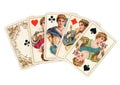 A poker hand of antique playing cards showing four queens.